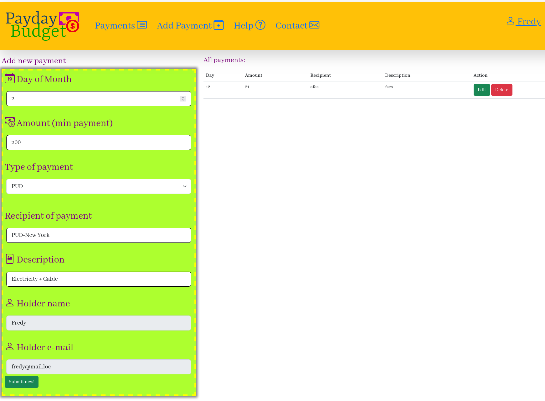 Form to add new payment
