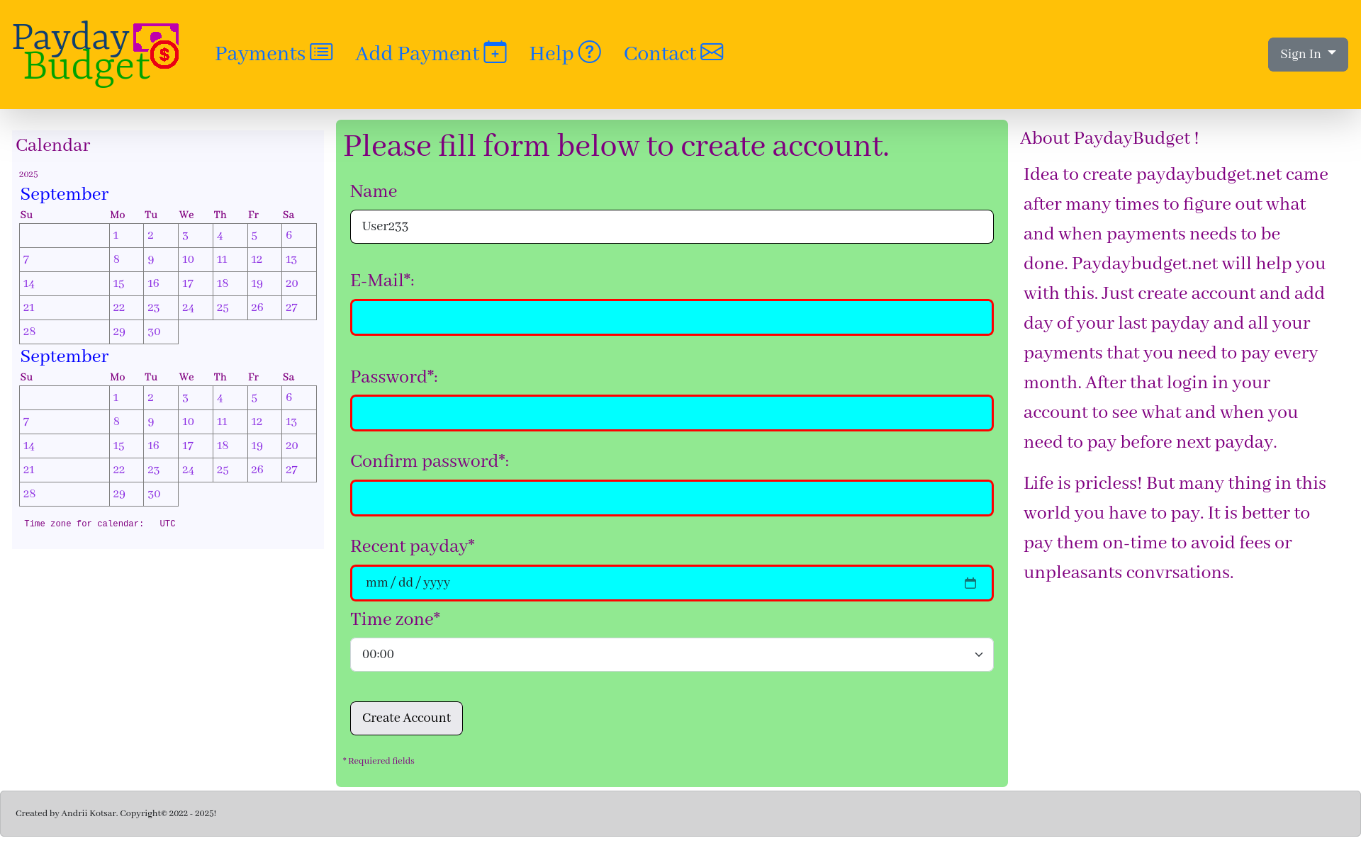 Sign up page on paydaybudget